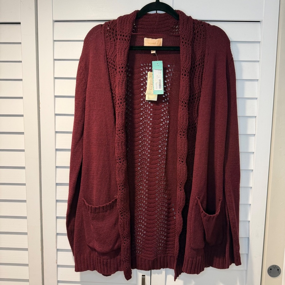 Skies Are Blue Burgundy Caspian Scallop Trim‎ Cardigan Sweater Burgundy L New
